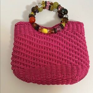 Cappelli Mini Handbag Purse Hot Pink Beaded Handle Woven Straw Summer Fun Small